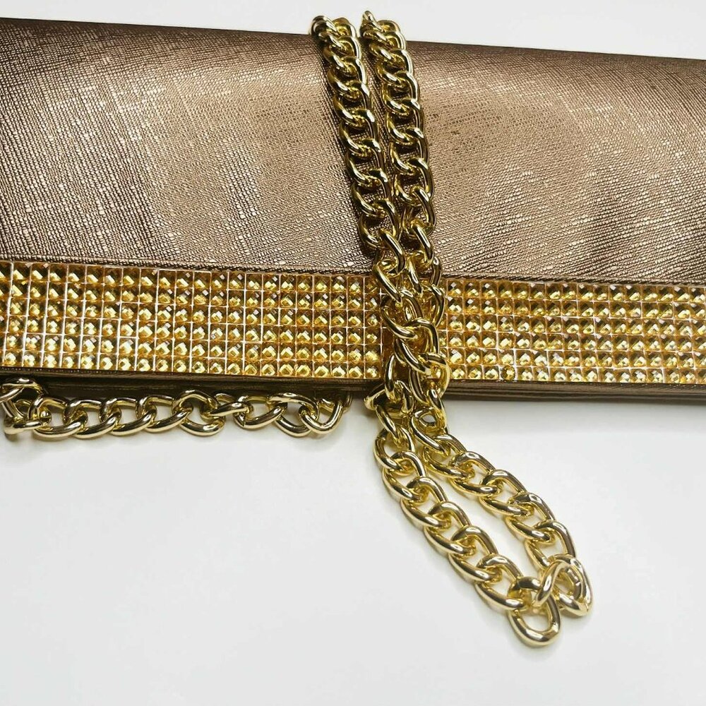 Vintage Bronze Gold Rhinestone Clutch w Chain Strap Evening Bag - Picture 4 of 8